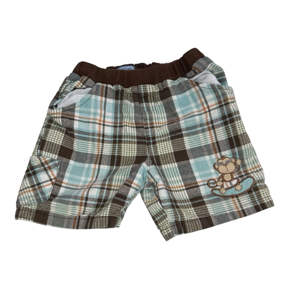 F&F Boys Size 3 Plaid Monkey Surfboard Shorts Brown Blue Green Elastic Waist